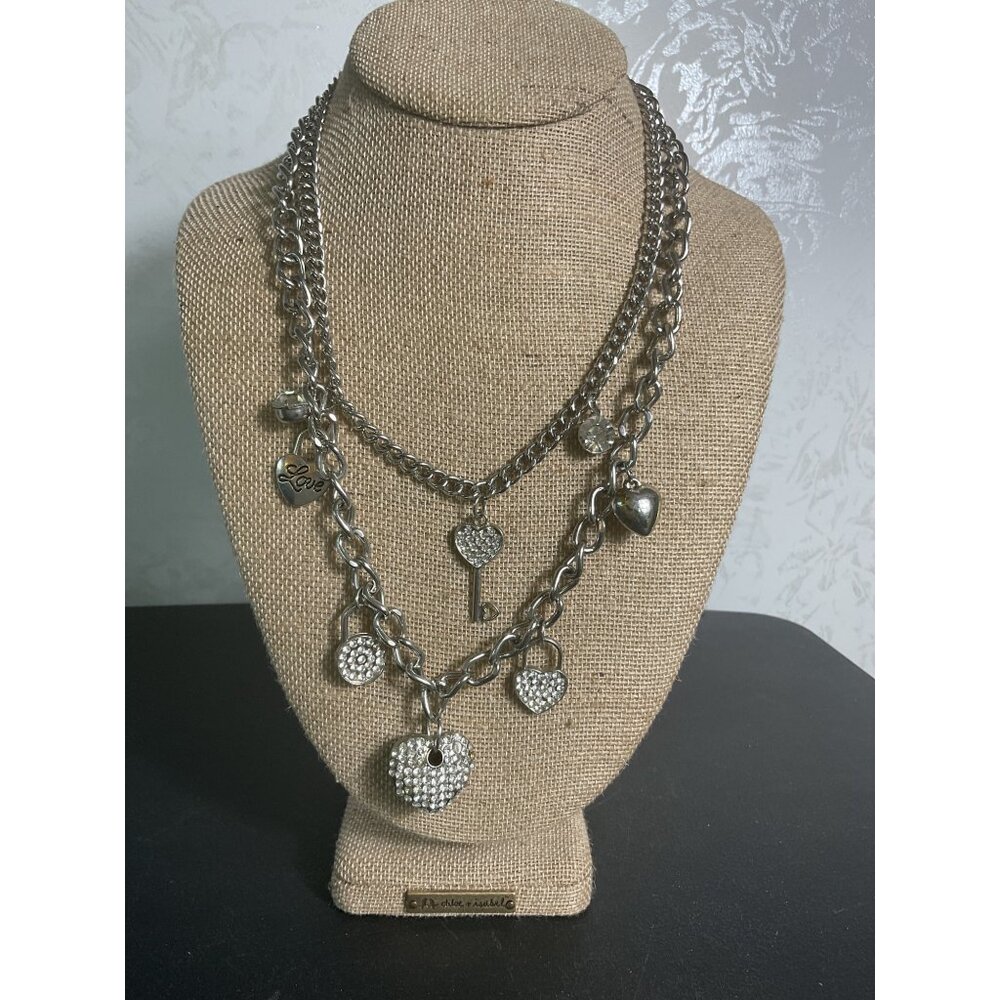 Love-Themed Multi-Strand Necklace With Heart & Key Charms Silver Tone